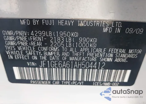 2010 Subaru Impreza 2.5I z USA, uszkodzony, nr VIN JF1GE6A61AH504412